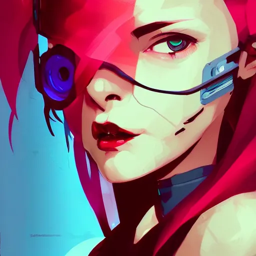 Prompt: a portrait of a cyberpunk girl with vibrant red hair, in the style of artgerm, charlies bowater, atey ghailan and mike mignola, hatd shadows and spotlight, plain background, comic cover art, trending on artstation