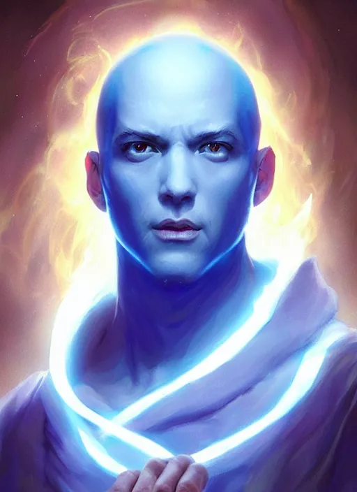 Image similar to a portrait fantastical glowing bald young monk made of blue aura and energy illustrated by artgerm and greg rutkowski