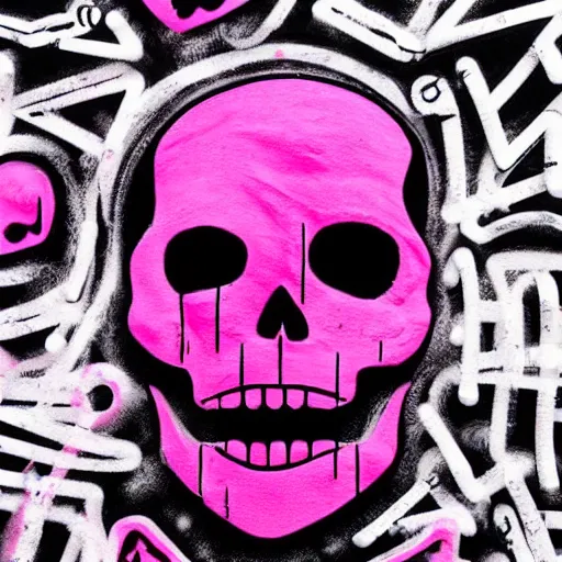 Prompt: a 3 d wireframe pink cartoon skull spray painted on a black background with dripping pink spray paint, three fourths view, graffiti, black background!!!!!, outline