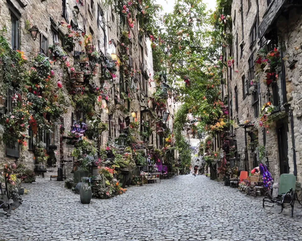 Image similar to cobblestone streets filled with fae, magical, faerie, fanciful