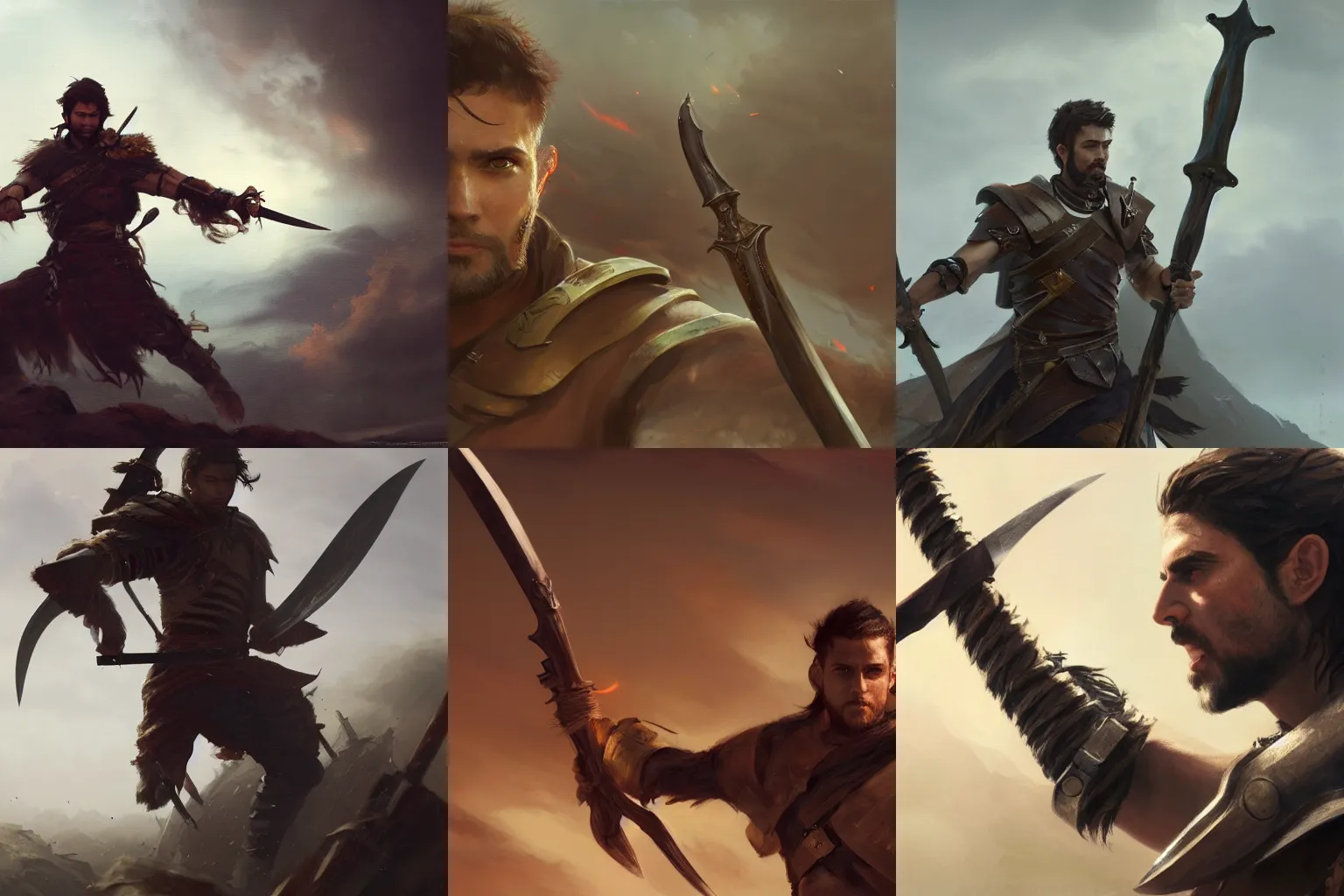 Prompt: close up cinematic artwork of a warrior with hazel eyes and brown hair in his twenties with his sword raised in the air, staring down the enemy by Greg Rutkowski, 4k, masterpiece