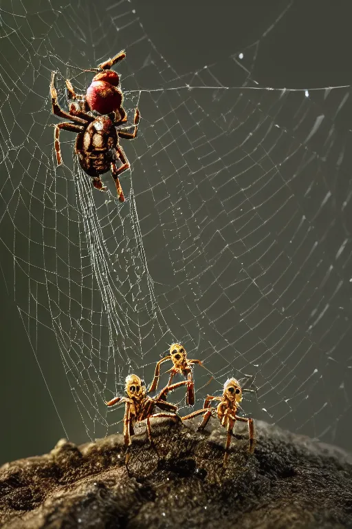 Image similar to Tiny warriors fighting a spider on its web, dewdrops, macro, dramatic lighting, cinematic, establishing shot, extremely high detail, foto realistic, cinematic lighting, post processed, concept art, high details, cinematic, 8k resolution, beautiful detailed, photorealistic, digital painting, artstation, concept art, smooth, sharp focus, artstation trending, octane render, unreal engine