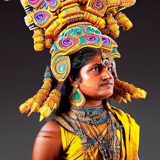 Image similar to a woman wearing an armor and headdress. the armor and headdress is made out of the colors, textures and sculptures of the meenakshi temple in madurai. intricate. detailed.