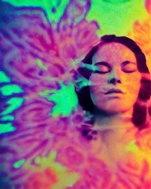 Image similar to oversaturated, burned, light leak, expired film, photo of a woman's serene face submerged in a flowery milkbath, rippling liquid, vintage glow, sun rays, psychedelic, glitched pattern