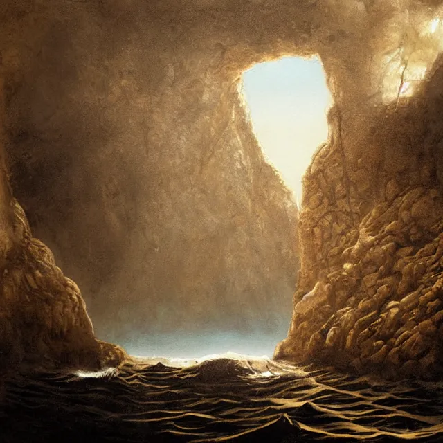 Image similar to photorealistic sepia painting of a jamaican sea cliff with the mouth of a sea cave at the waterline, dark, brooding, atmospheric, lovecraft, by dave dorman