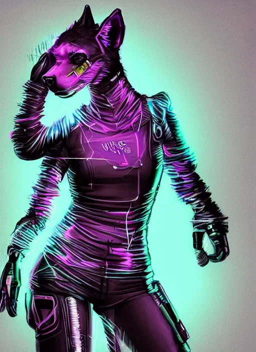 Image similar to digital artwork of anthromorphic hyena female, fursona, furry fandom, neon rainy cyberpunk setting, anthro, wearing cyberpunk 2 0 7 7 jacket, detailed face,