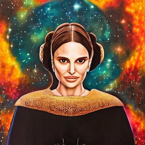 Image similar to a beautiful painting of a ornate highly detailed natalie portman as princess leia, nebulas in the background