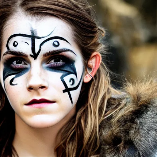 Prompt: photo of emma watson, viking warrior face paint