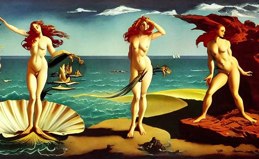 Image similar to the birth of venus, frank frazetta style art, dramatic, fantasy art, dynamic lighting