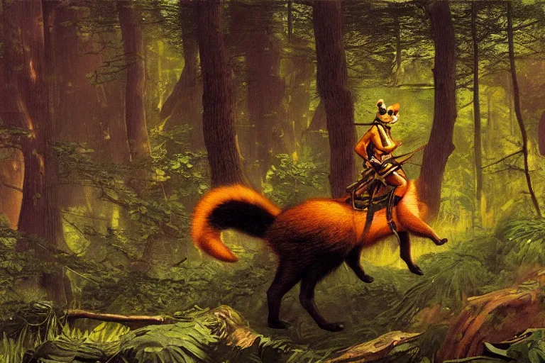 Prompt: a raccoon, foxback riding through a forest, glowing with silver light, painting by jean - leon gerome, illustration by winsor mccay, color by franz marc, today's featured photograph, 1 6 k, character design, furry art, furaffinity, realistic, detailed, side view