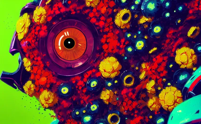 Image similar to close up of a beautiful flower with robot eyes in the middle maximalist bold colors by Greg rutkowski