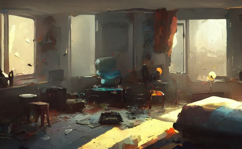 Prompt: a messy bedroom interior, scifi capsule apartment, painting by Craig Mullins, octane rendering, soft lighting, wide angle lens, worm's-eye view, in the style of Pixar animation, trending on artstation,