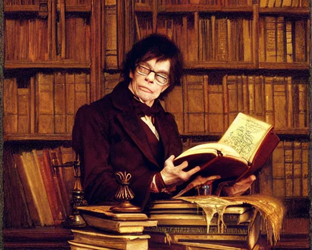 Prompt: attractive male vampire looks like stephen king studying magical tomes in a dusty library highly detailed painting by gaston bussiere, craig mullins, j. c. leyendecker 8 k