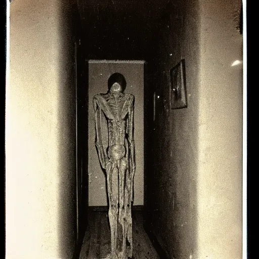 Image similar to Old polaroid of a dark spindly figure standing at the end of a dim hallway, liminal, creepypasta