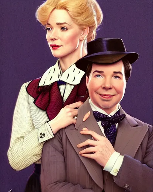 Image similar to Portrait of a  blonde lady and Michael mcintyre as characters in the Mary Poppins,real life skin, intricate, elegant, highly detailed, artstation, concept art, smooth, sharp focus, art by artgerm and greg rutkowski and alphonse mucha