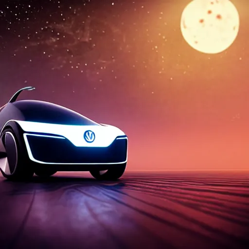 Image similar to Futuristic VW W16 in a Russian cyberpunk slum city called Neo Norilsk on the Moon, at night, diverse, lively, black sky full of stars, blinding sun, sci-fi, lots of flying cars, levitation, cyberpunk outfits, photorealistic, grainy, 35mm, intricate, very very beautiful, elegant, smooth, cinematic, Unreal Engine 5, by Beeple, trending on Artstation HD