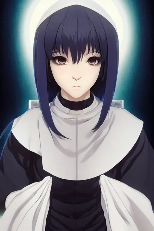 Image similar to portrait Anime cyborg girl in nun clothes, holy church Warhammer 40000, cute-fine-face, white-hair pretty face, realistic shaded Perfect face, fine details. Anime. realistic shaded lighting by Ilya Kuvshinov katsuhiro otomo ghost-in-the-shell, magali villeneuve, artgerm, rutkowski, WLOP Jeremy Lipkin and Giuseppe Dangelico Pino and Michael Garmash and Rob Rey