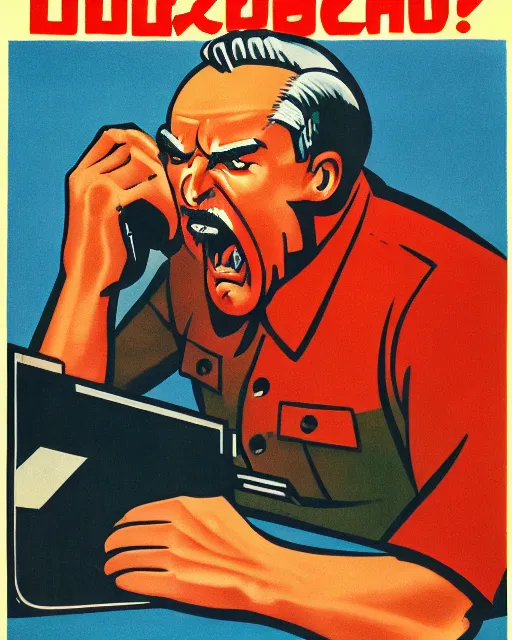 Image similar to soviet propaganda poster of an angry communist developer yelling at his computer