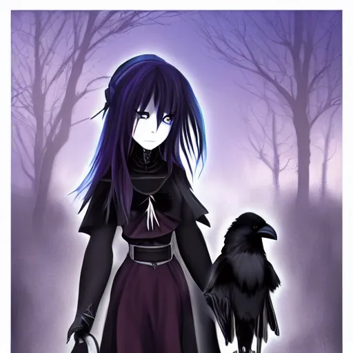 Prompt: a gothic anime girl and her pet raven raven haunting the pere lachaise cemetery by franklin chan, gloomy, trending on artstation