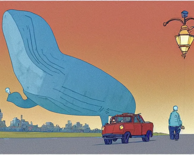 Image similar to a study of cell shaded cartoon of a flying blue whale on a country road, street lamps, road, illustration, wide shot, subtle colors, post grunge, concept art by josan gonzales and wlop, by james jean, Victo ngai, David Rubín, Mike Mignola, Laurie Greasley, highly detailed, sharp focus, alien, Trending on Artstation, HQ, deviantart, art by artgem