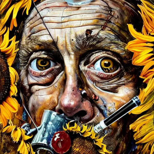 Prompt: an extreme close up portrait a wizard smoking a pipe, front angle, by Lucian Freud and Jenny Saville and Anselm Kiefer, oil painting, rust, Scaffolding, rusted metal and sunflowers, iron cladding, decay, mixed media, textured, anatomically correct, beautiful perfect face, visible brushstrokes, sharp focus, Highly Detailed, Cinematic Lighting, 8k, HD