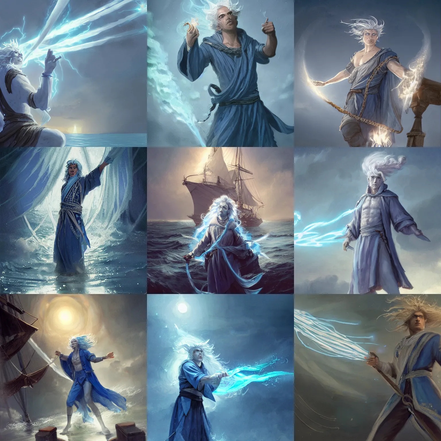 Prompt: a male blue water genasi cleric with wavy silver hair and blue skin on top of a sailing ship casting a spell, greg rutkowski