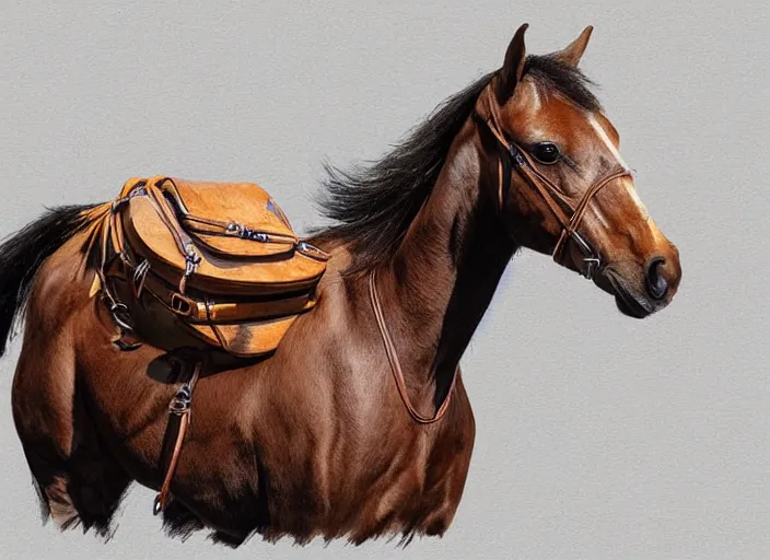 Prompt: concept art of horse with a algie, carrying a saddle bag, digital art, photo realistic, highly detailed