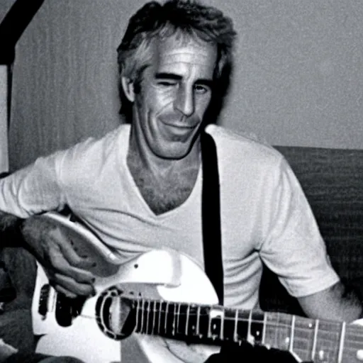 Prompt: photo of jeffrey epstein playing guitar, 1 9 8 0 s, wide angle,