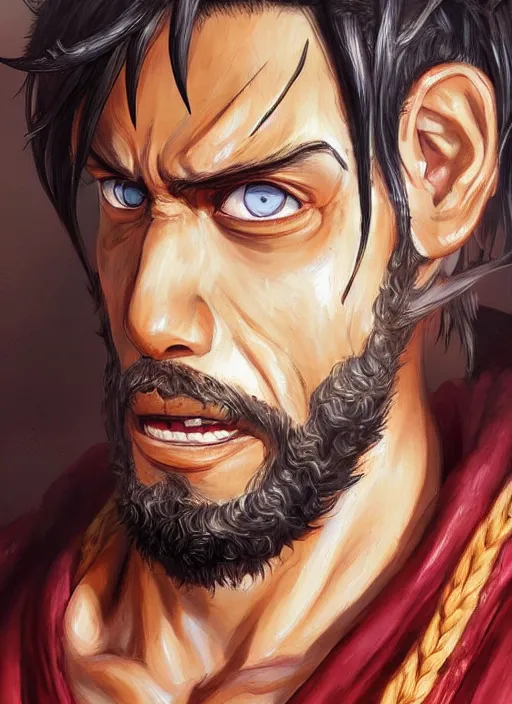 Image similar to luffy as _ fantasy _ style _ portrait _ painting _ of middle eastern male brown wavy hair beard, rpg dnd oil _ painting _ unreal _ 5 _ daz. _ rpg _ portrait _ extremely _ detailed _ artgerm _ greg _ rutkowski _ greg