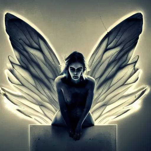 Image similar to hyperrealism digital abstract character art, fallen angel crouched down in a beam of light, wings open, high contrast hd optics, 8 k dop dof, by bastion lecouffe - deharme, splash colors