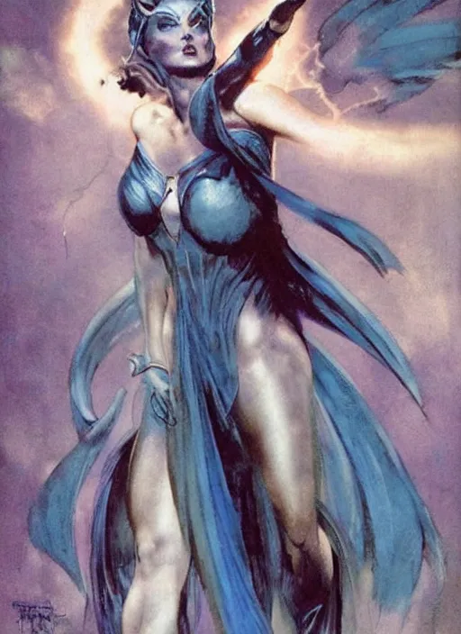 Image similar to mighty plump female sorceress, blue tiara, lightning halo, strong line, muted color, beautiful! coherent! by frank frazetta, by brom
