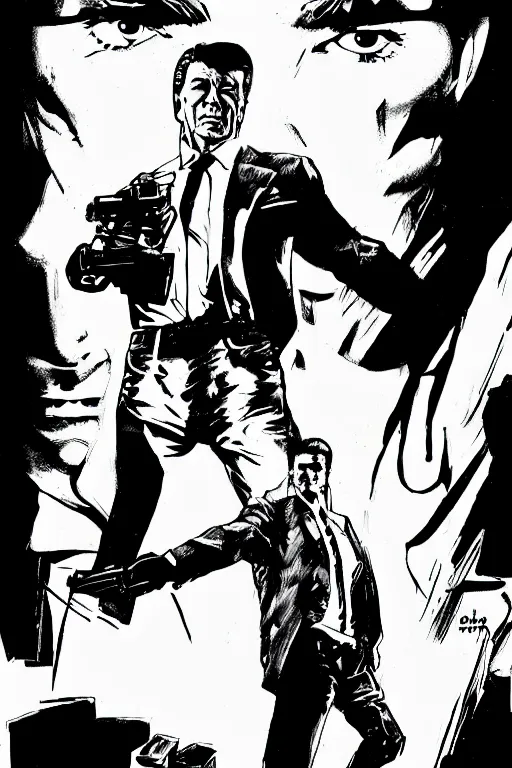 Image similar to ronald reagan holding a pistol, a page from cyberpunk 2 0 2 0, style of paolo parente, style of mike jackson, adam smasher, johnny silverhand, 1 9 9 0 s comic book style, white background, ink drawing, black and white, colouring pages