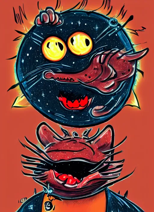 Image similar to a cosmic horror garfield with razor sharp teeth, red eyes, red teeth, digital art, lineart, im sorry john