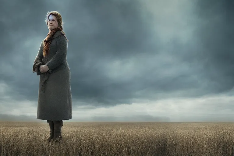 Prompt: a cinematic headshot portrait of a frozen middle aged woman stood in a field, field on fire, ultra realistic, depth, beautiful lighting, by annie leibovitz, by mattias adolfsson