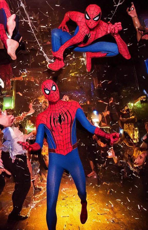 Image similar to Spider-man dancing with a lot of spiders in a disco club