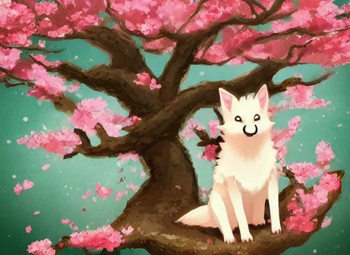 Image similar to cute little kitsune in a cherry blossom tree. trending on artstation.