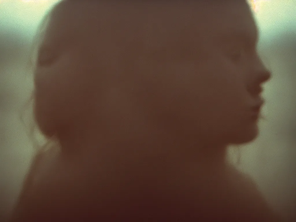 Image similar to close up portrait bust of woman, solemn expression, faded color film, russian cinema, tarkovsky, kodachrome, heavy forest, wood cabin in distance, deep depth of field, long brown hair, old clothing, heavy fog, atmospheric haze, brown color palette, sunset, low light, hudson river school, 4 k, dramatic lighting