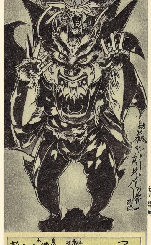 Image similar to by akio watanabe, manga art, man with japanese demon mask, oni horns, yokai, trading card front