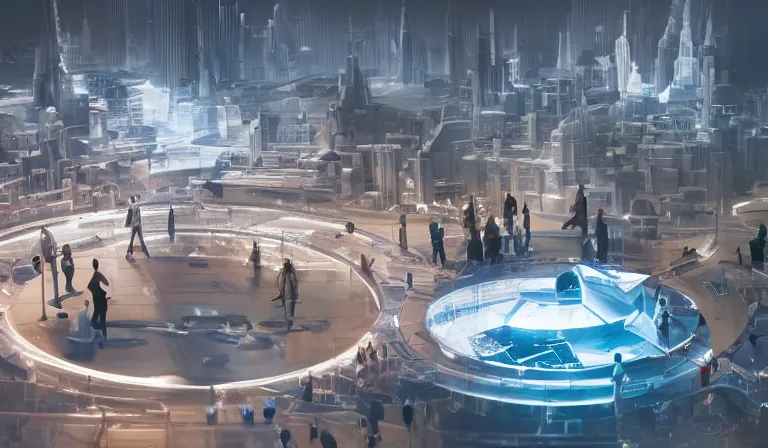 Image similar to crowd of people in simple white museum, looking at hologram of futuristic city on a circular table, cinematic concept art, godrays, golden hour, natural sunlight, 4 k, clear details, tabletop model buildings, center model buildings, hologram center, crane shot, crane shot, crane shot, white walls