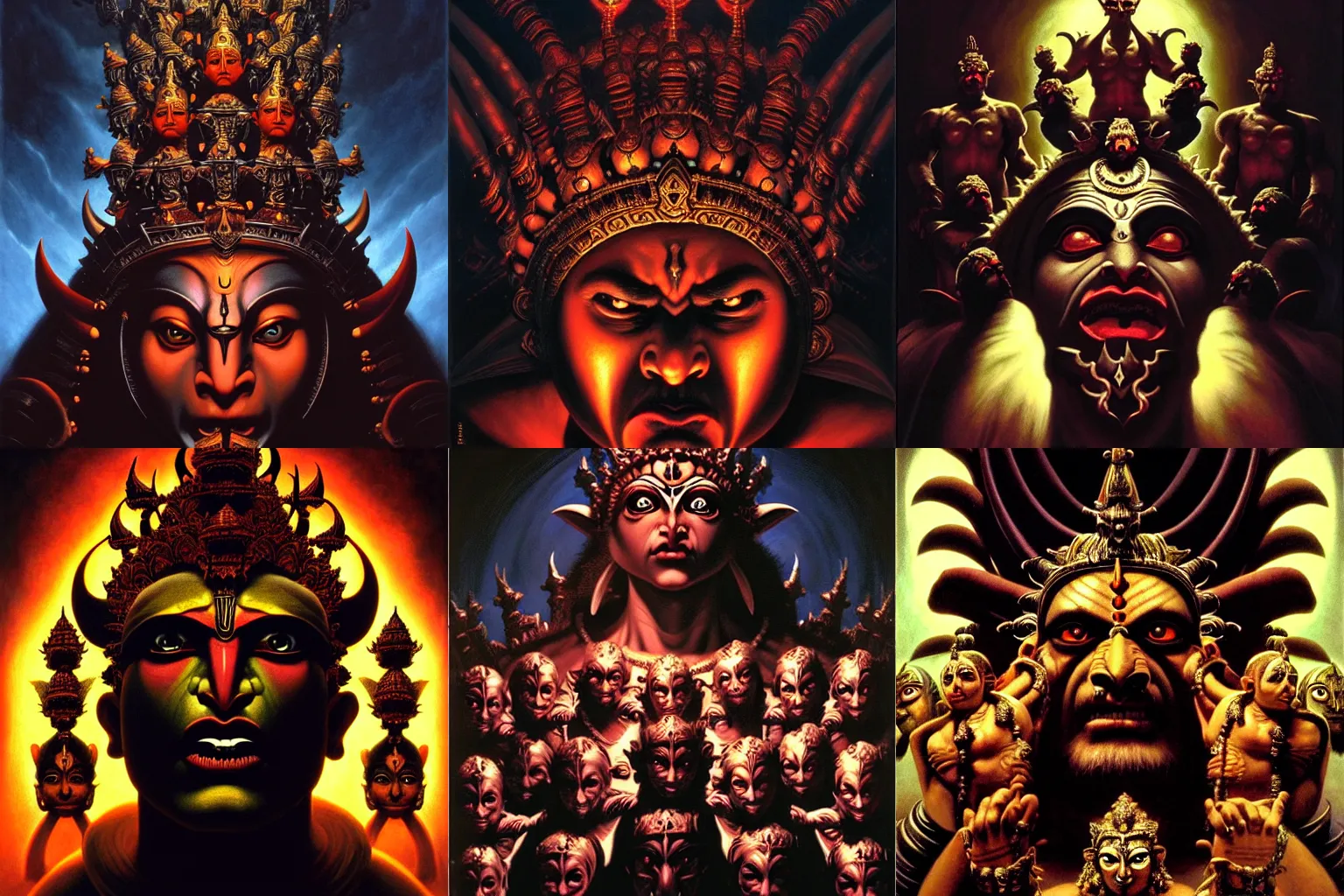 Prompt: a beautiful cinematic masterpiece gothic portrait of mystical gothic colossal asura king ravan with ten heads from ramayan, by caravaggio, tim hildebrandt, wayne barlowe, greg rutkowski, oil on canvas, masterpiece, trending on artstation, featured on pixiv, cinematic composition, brilliant lighting, sharp, hyper - detailed, no frames, hd, 8 k