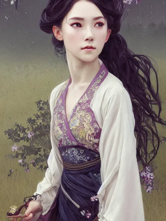 Prompt: portrait of a beautiful seductive european girl wearing hanfu, farm background, fantasy, d & d, dark eyeliner, intricate, elegant, highly detailed, digital painting, artstation, concept art, matte, sharp focus, illustration, art by greg rutkowski and alphonse mucha