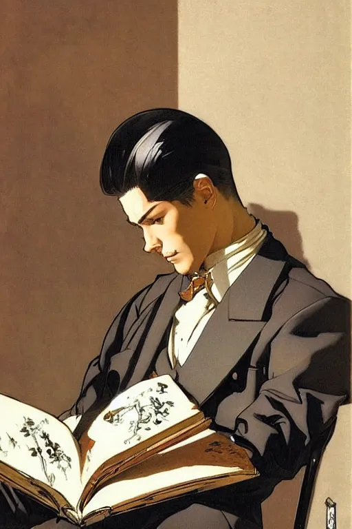 Image similar to attractive man reading book, painting by j. c. leyendecker, yoji shinkawa, katayama bokuyo