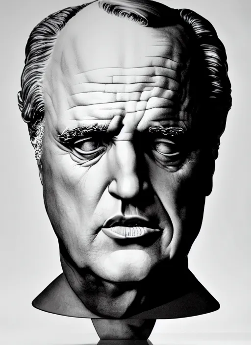 Prompt: symmetry!! perfectly centred realistic portrait of marlon brando from godfather sculpture made from marble, highly detailed, sharp focus, 8 k, illustration, dramatic light,