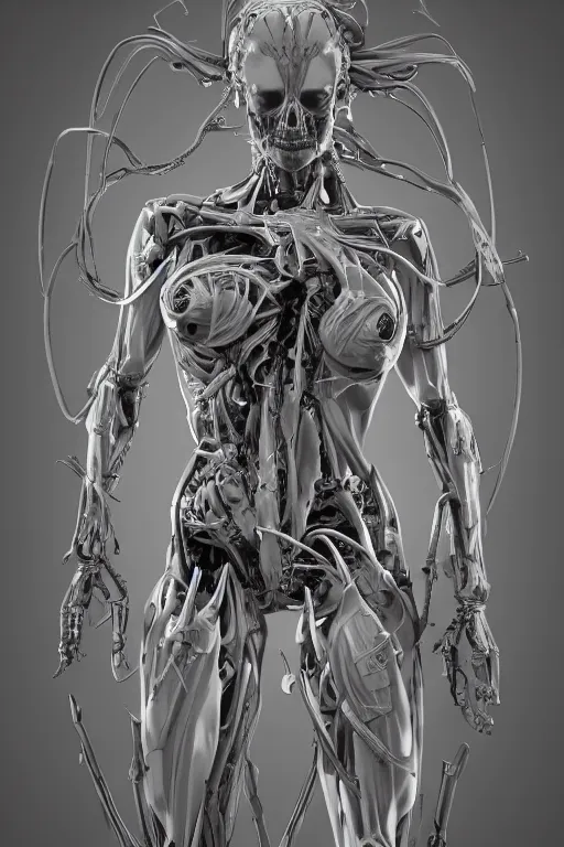 Image similar to symmetry!! full body female medusa anatomy concept, medical anatomy, cybernetic implants, gun metal grey, mecha limbs, muscular system reference, chrome skeleton, anatomical art, digital art, in the style of amanda lilleston, luka mivsek, bryan christie, ranjit ghosh, artstation, pinterest, deviantart, photoshop, octane render, unreal engine