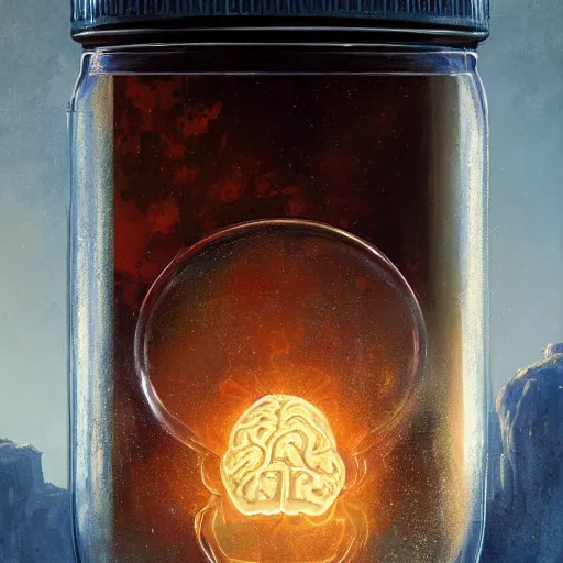 Prompt: a brain in a jar, detailed 4 k digital painting by james gurney, greg rutkowski, and raymond swanland