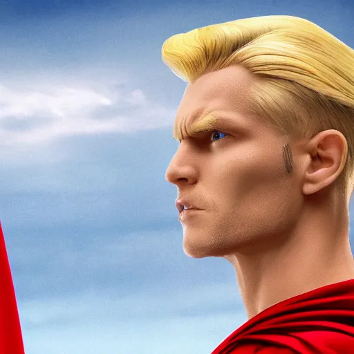 Image similar to portrait of a evil blonde superman two sides hair and thin face lines, his cape is the american flag, he is angry, 8 k, hyper realistic, movie imax shot, film, cinematography, red