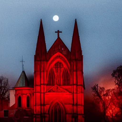 Image similar to a giant blood red full moon over a old cathedral. misty. volumetric light. moody