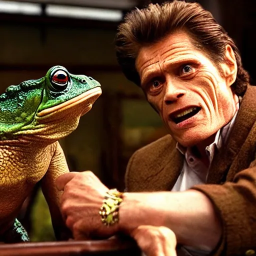 Prompt: willem dafoe and a huge toad sitting in a bar, frog, realistic, from a movie directed by martin scorsese