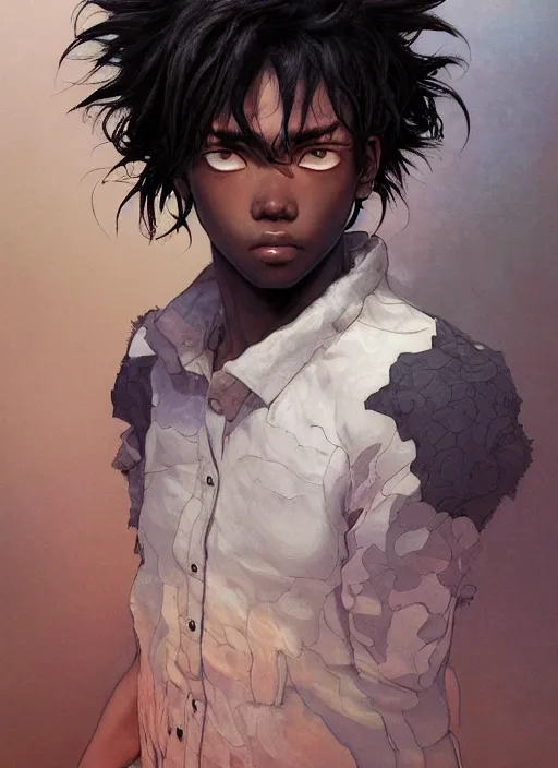 Image similar to prompt : portrait soft light painted by james jean and katsuhiro otomo and erik jones, inspired by akira anime, epic fantasy, a young long haired peasant boy with dark skin, brown skin, a dark complexation in plain fantasy clothing with intelligent eyes, intricate oil painting, high detail illustration, sharp high detail