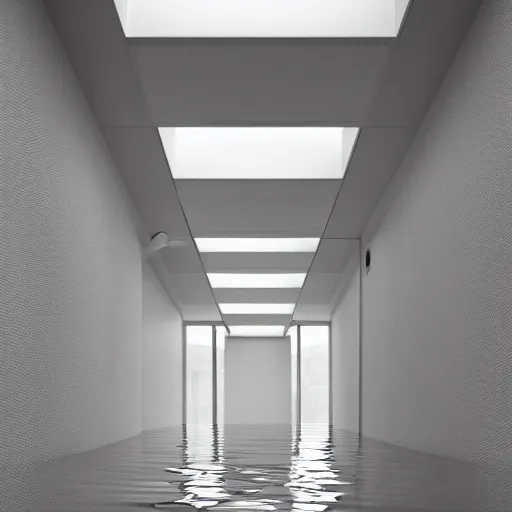 Image similar to interior of a flooded building, all white, minimalistic architecture, rounded ceiling, arched doorway, dim lights, liminal space,